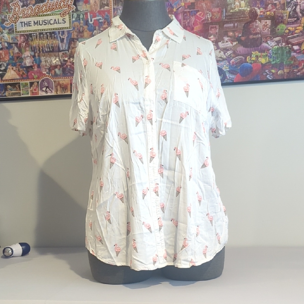 Torrid White Flamingo Print Button Down Shirt